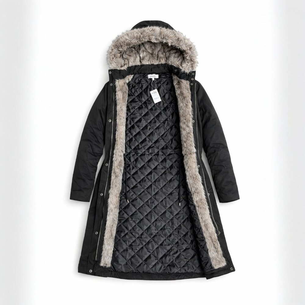 Charlotte Russe Faux Fur-Trim Hooded Drawstring Winter Layering Parka Jacket - Picture 6 of 8